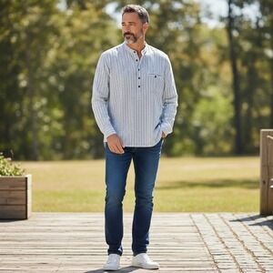 Lee Valley Ireland Shirt Mens XXL Striped Henley Long Sleeve Cotton Button-Up